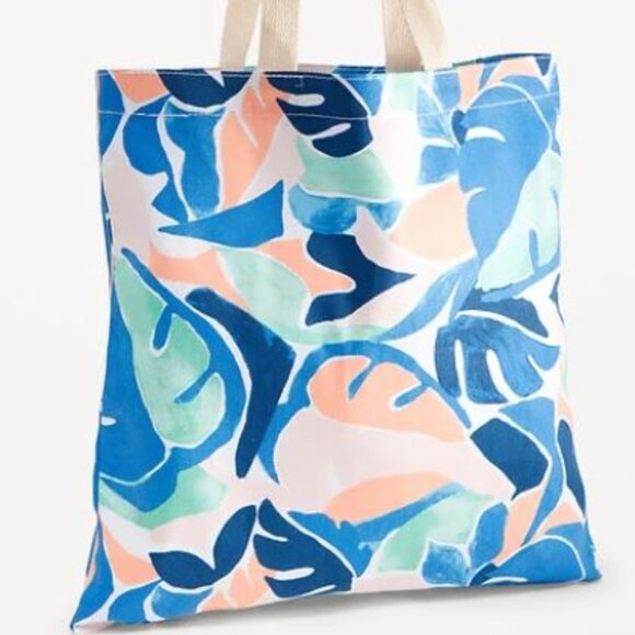 Printed Canvas Tote Bag, Blue Palm Print - Picture 1 of 2
